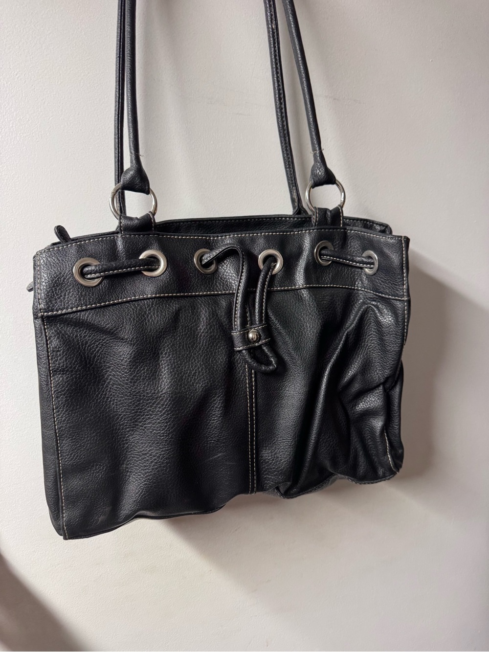 Black Pebbled Leather Drawstring Shoulder Bag